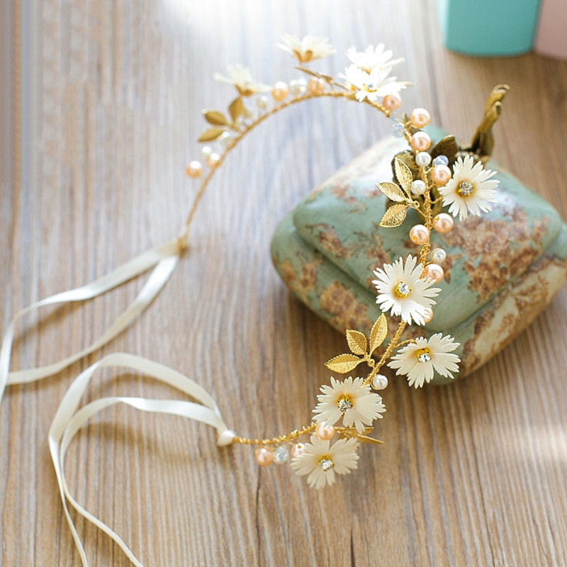 GETNOIVAS Bridal Gold/Silver Color Flower Ribbon Hairband 2023™