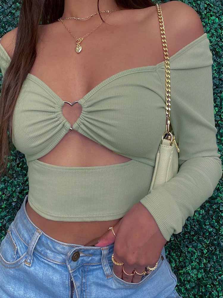Hollow-Out V-neck Long Sleeve Crop Tops Spring Fall Casual Fashion Women Square Collar Slim Ribbed T-Shirts Backless Tee