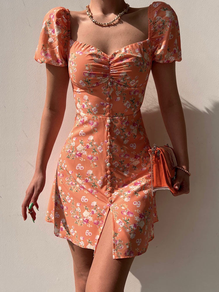 Sommerkleid mit Print im französischen Stil, Puffärmel, Blumenmuster 2023™