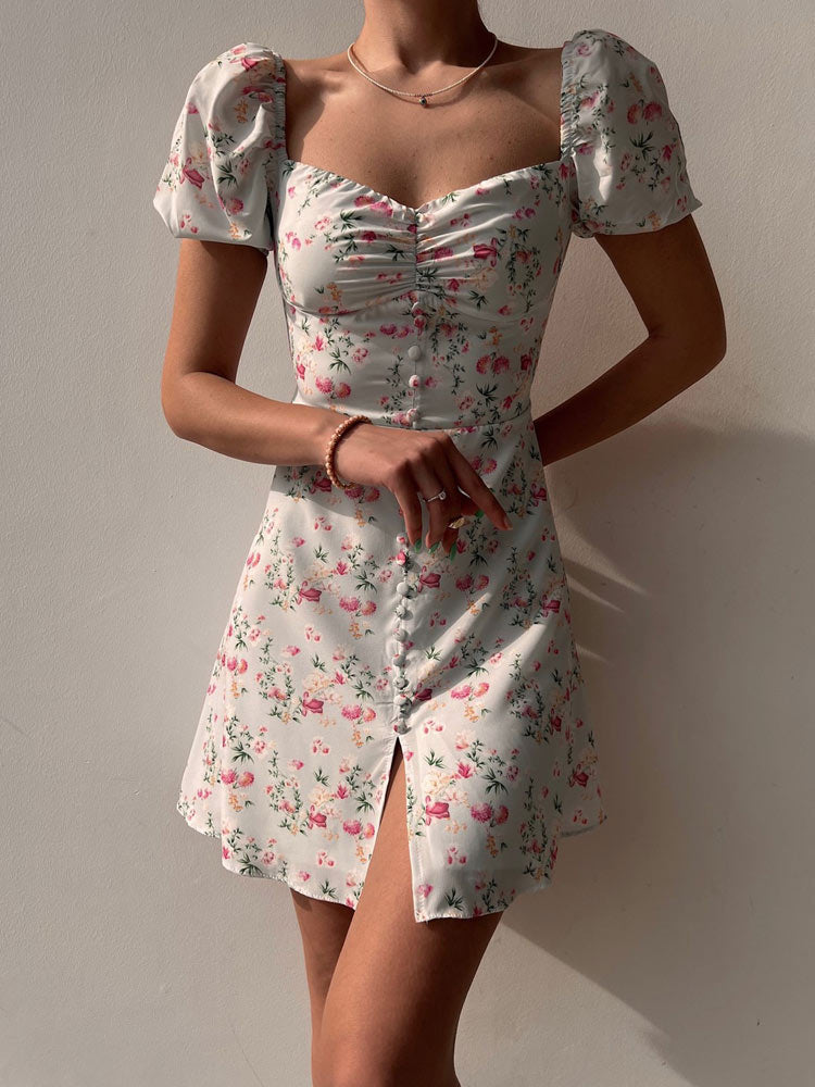 Sommerkleid mit Print im französischen Stil, Puffärmel, Blumenmuster 2023™