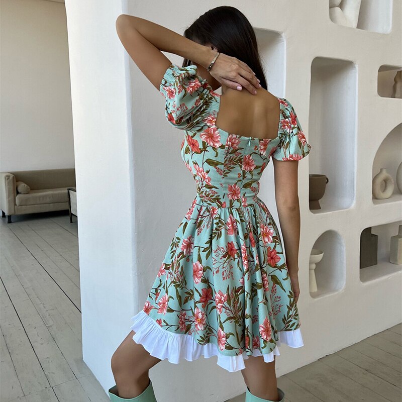 Women Hem Summer Dress Elegant French Floral Print Loose Dress 2023™