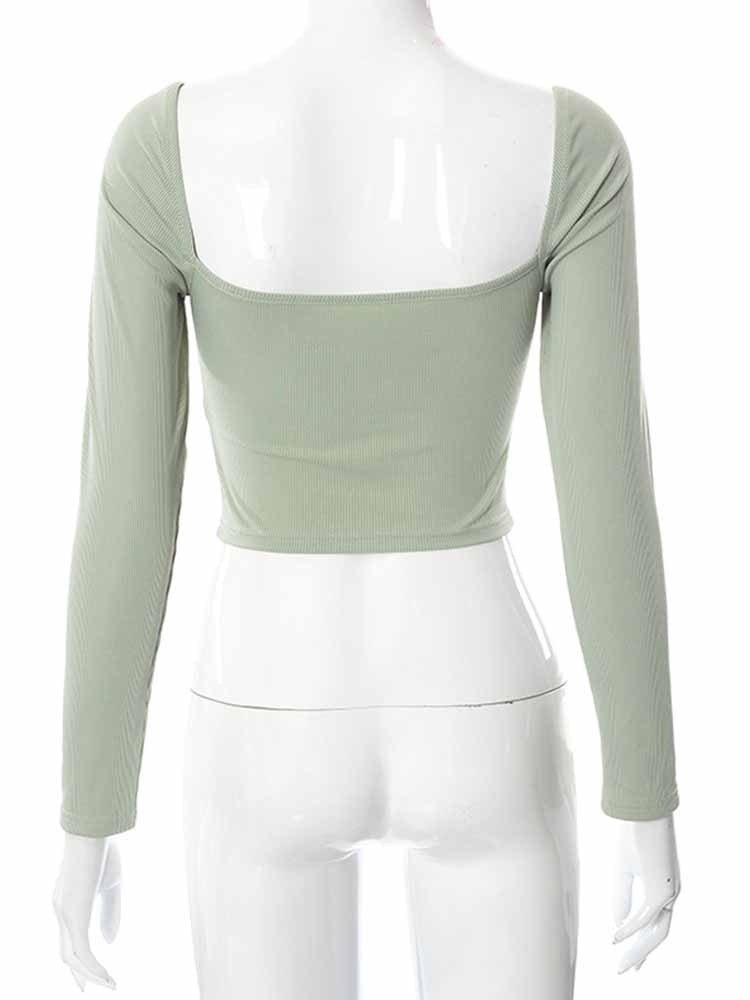 Hohl-Out V-ausschnitt Langarm Crop Tops Frühling Herbst Lässige Mode Frauen Quadratischen Kragen Schlanke Rippen T-Shirts Rückenfreies T